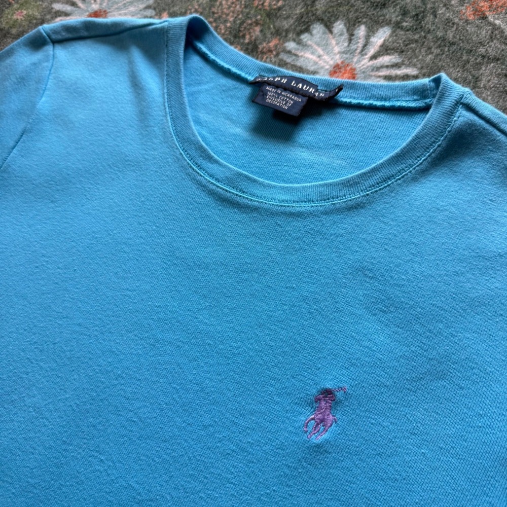 Ralph Lauren Womens Crew Neck T-Shirt Turquoise Blue Purple Pony Logo Size L
